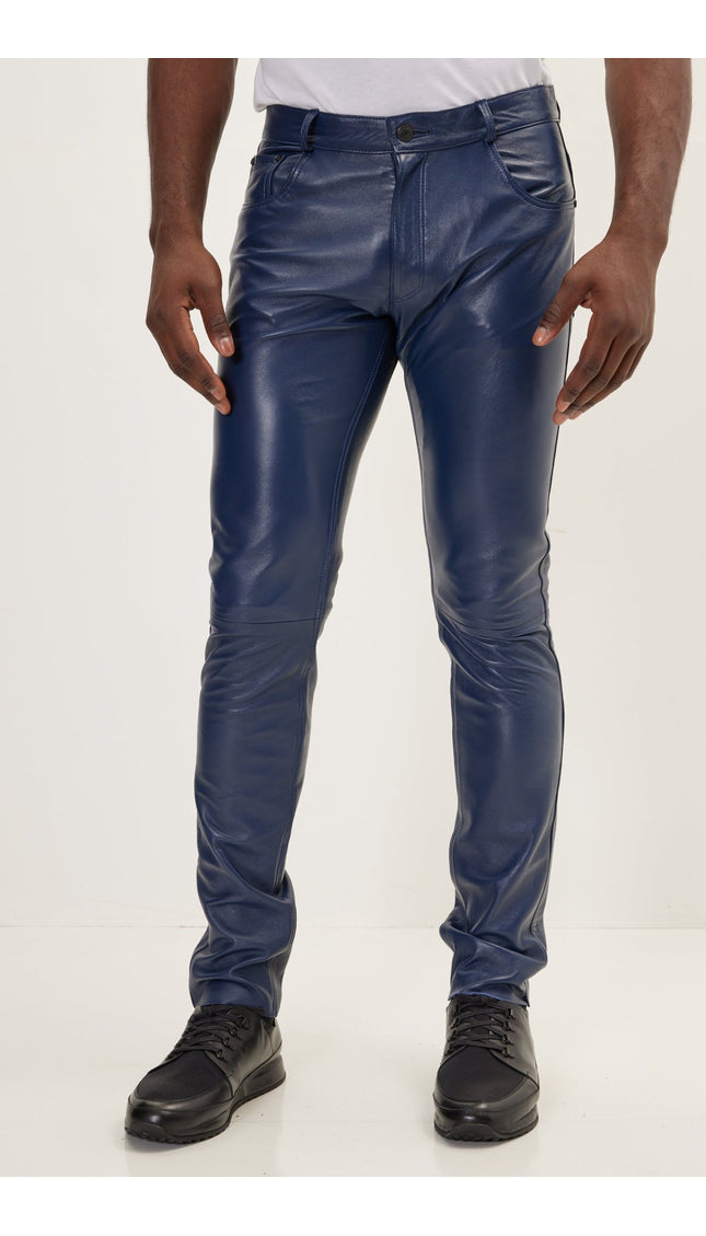 Genuine Lambskin Leather Pants - Navy - Ron Tomson