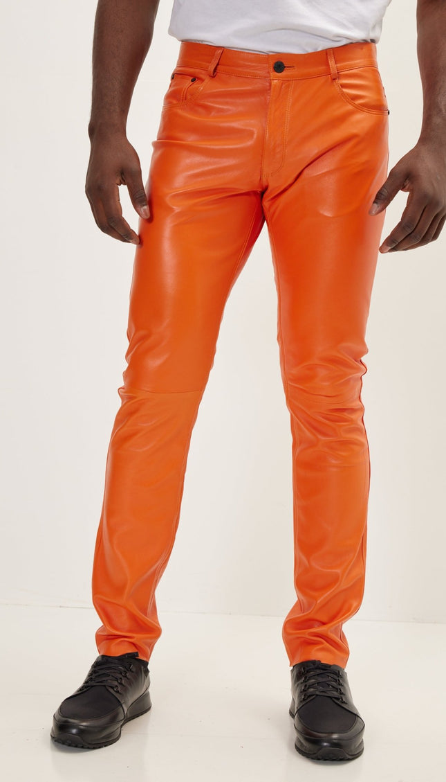 Genuine Lambskin Leather Pants - Orange - Ron Tomson
