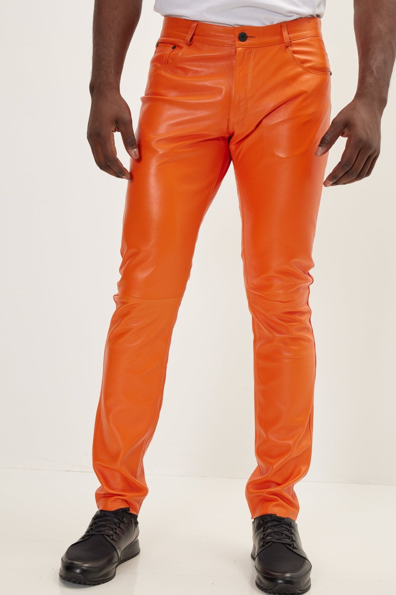 Genuine Lambskin Leather Pants - Orange - Ron Tomson