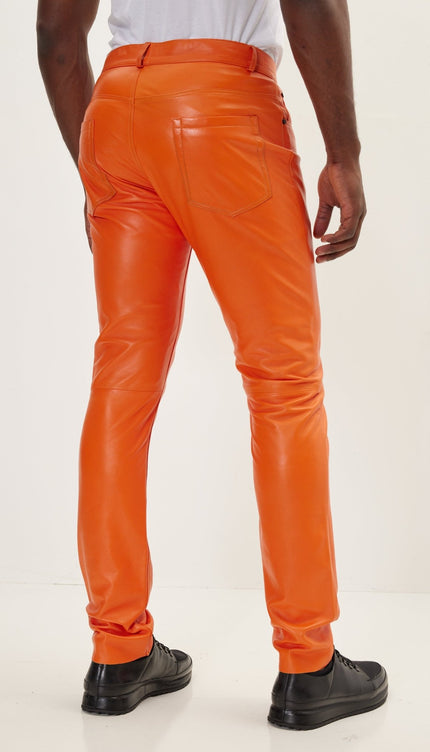 Genuine Lambskin Leather Pants - Orange - Ron Tomson