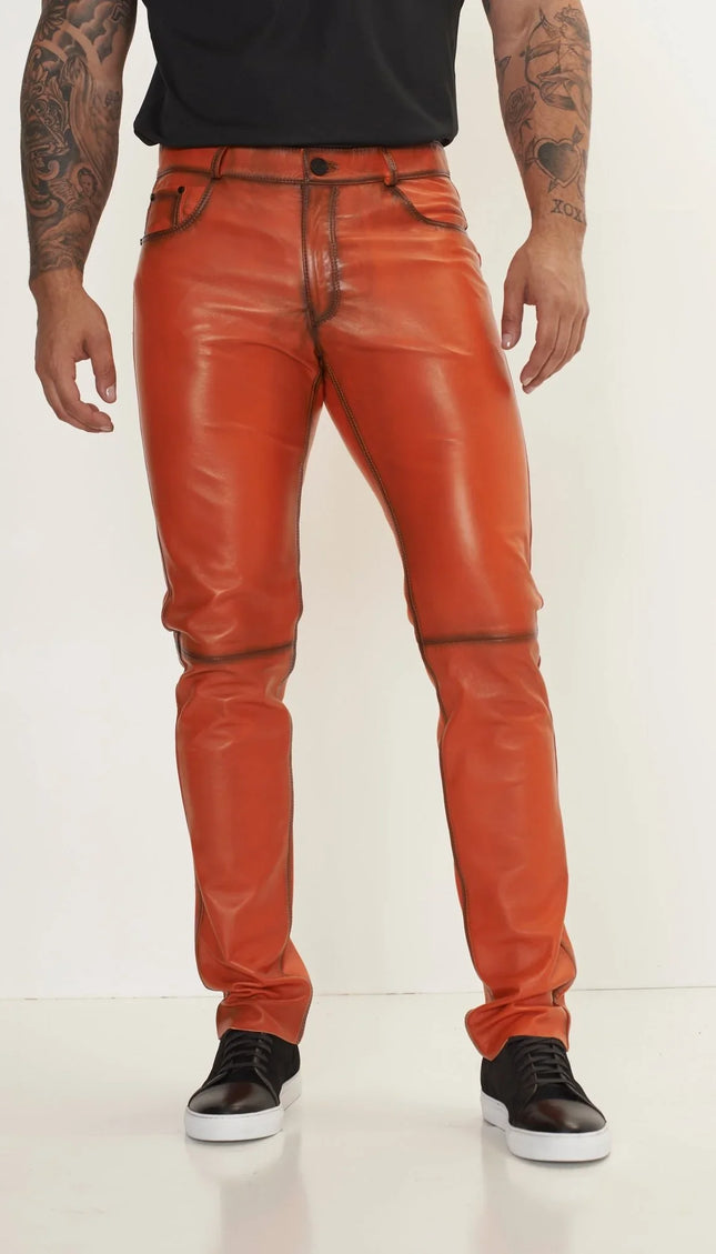 Genuine Lambskin Leather Pants - ORANGE TINT - Ron Tomson