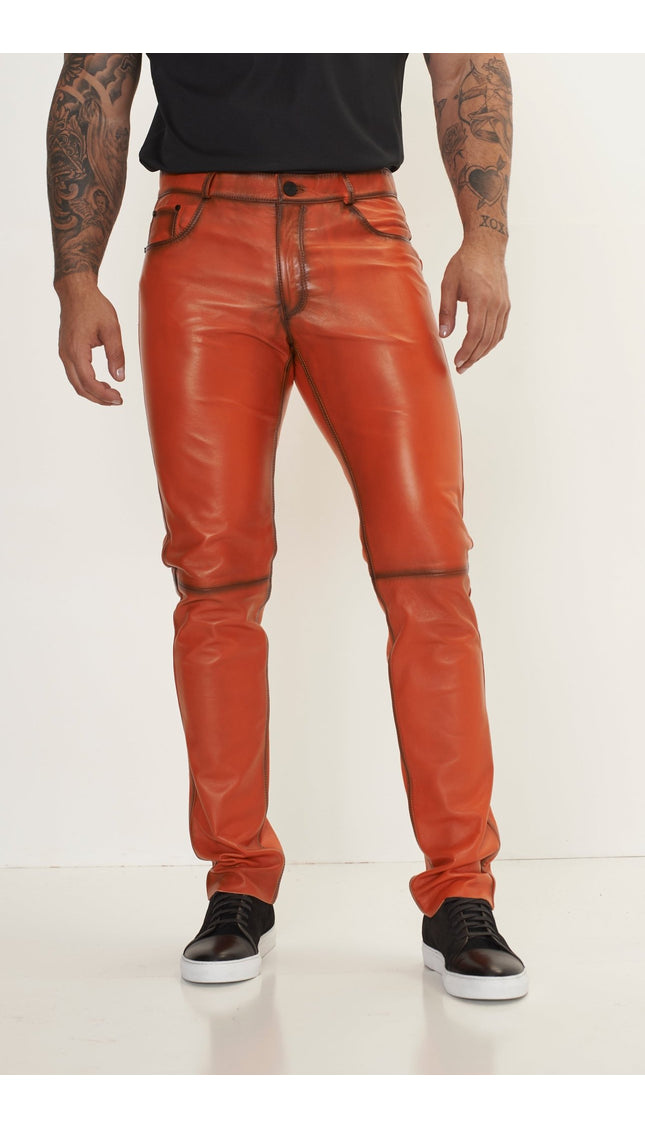 Genuine Lambskin Leather Pants - ORANGE TINT - Ron Tomson