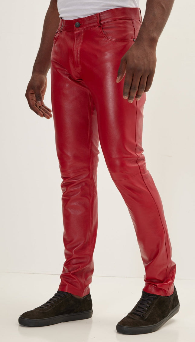 Genuine Lambskin Leather Pants - Red - Ron Tomson