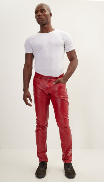Genuine Lambskin Leather Pants - Red - Ron Tomson