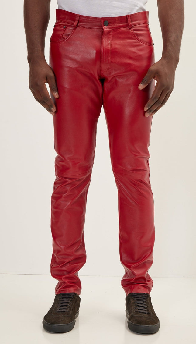 Genuine Lambskin Leather Pants - Red - Ron Tomson