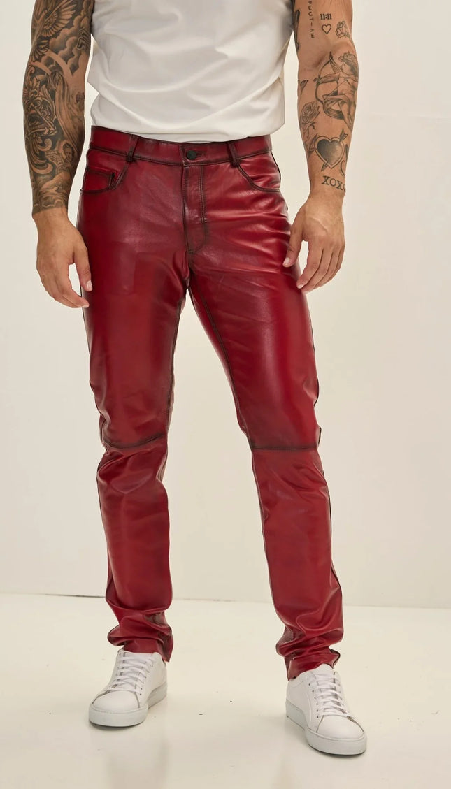 Genuine Lambskin Leather Pants - RED TINT - Ron Tomson