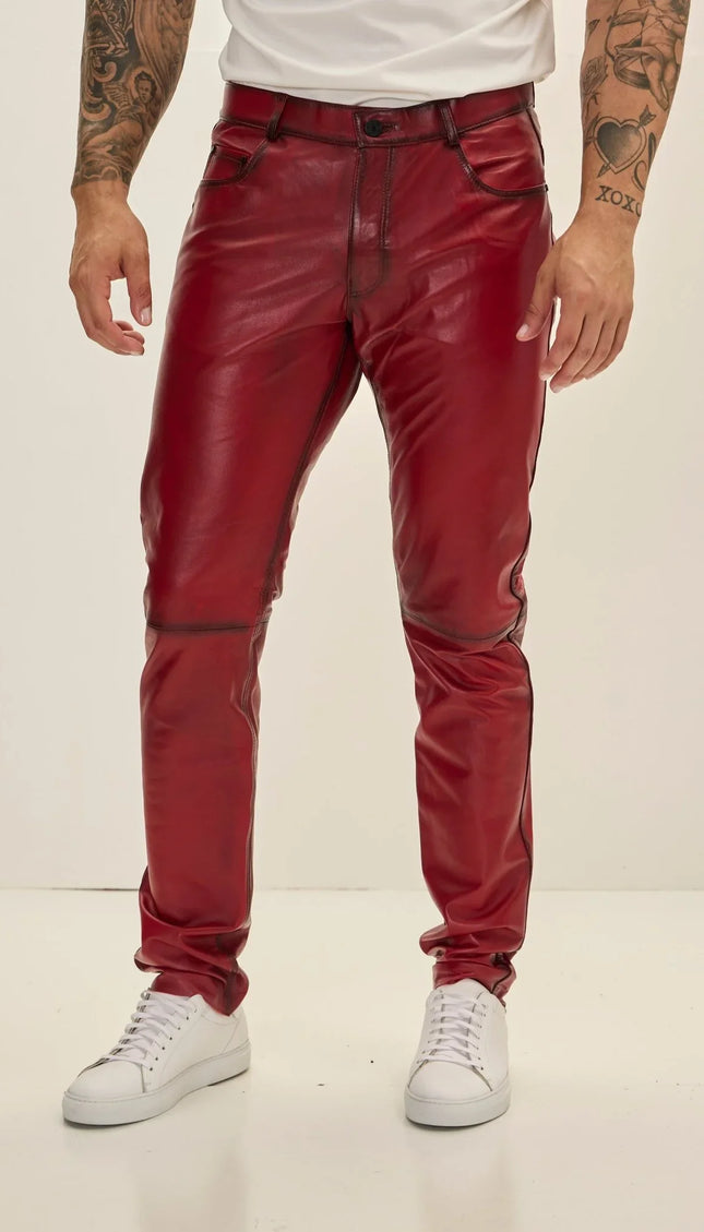 Genuine Lambskin Leather Pants - RED TINT - Ron Tomson