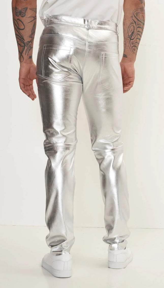 Genuine Lambskin Leather Pants - Silver - Ron Tomson