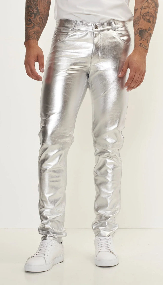Genuine Lambskin Leather Pants - Silver - Ron Tomson