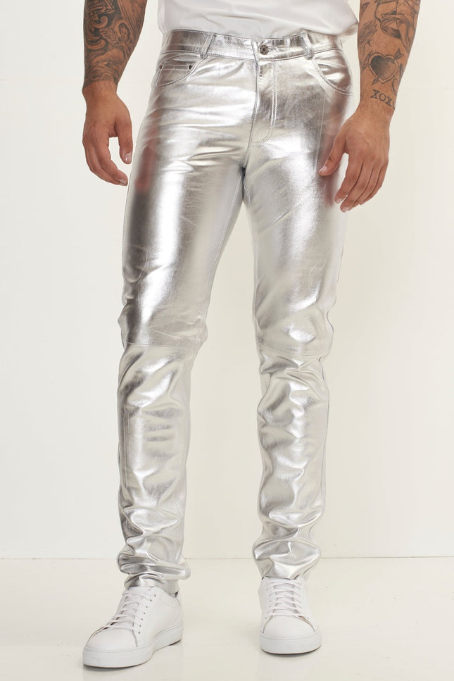 Genuine Lambskin Leather Pants - Silver - Ron Tomson