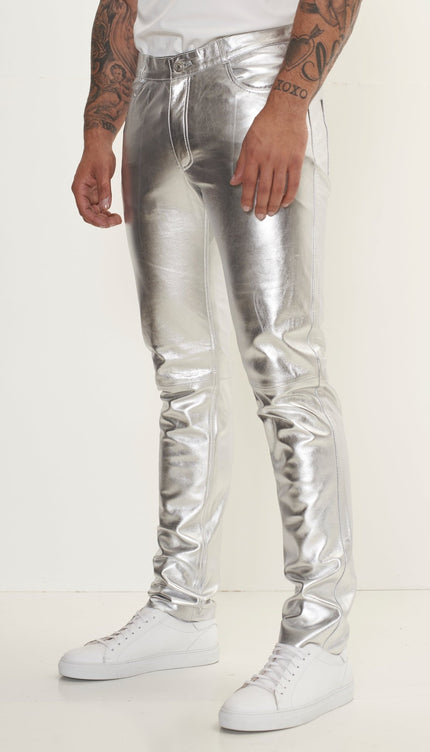 Genuine Lambskin Leather Pants - Silver - Ron Tomson