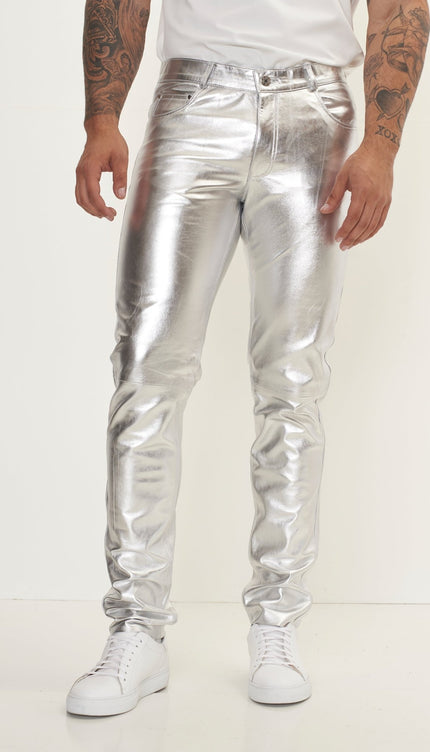 Genuine Lambskin Leather Pants - Silver - Ron Tomson