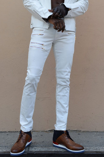 Men's Multi-Zipper Genuine Lambskin Leather Pants - White Gold - Ron Tomson Los Angeles