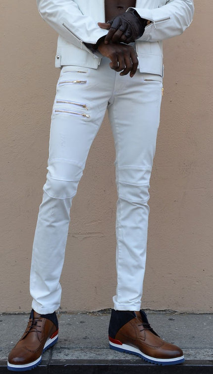 Genuine Lambskin Leather Pants with Gold Zipper - White - Ron Tomson