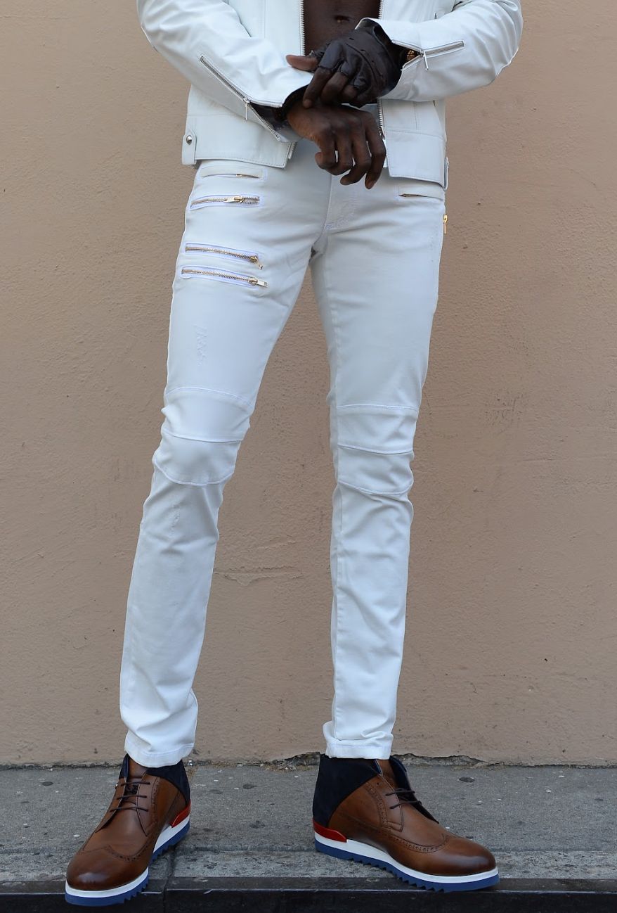 Multi-Zipper Nappa Lambskin Leather Pants - White Gold | Ron Tomson Multi-Zipper Nappa Lambskin Leather Pants - White Gold | Ron Tomson