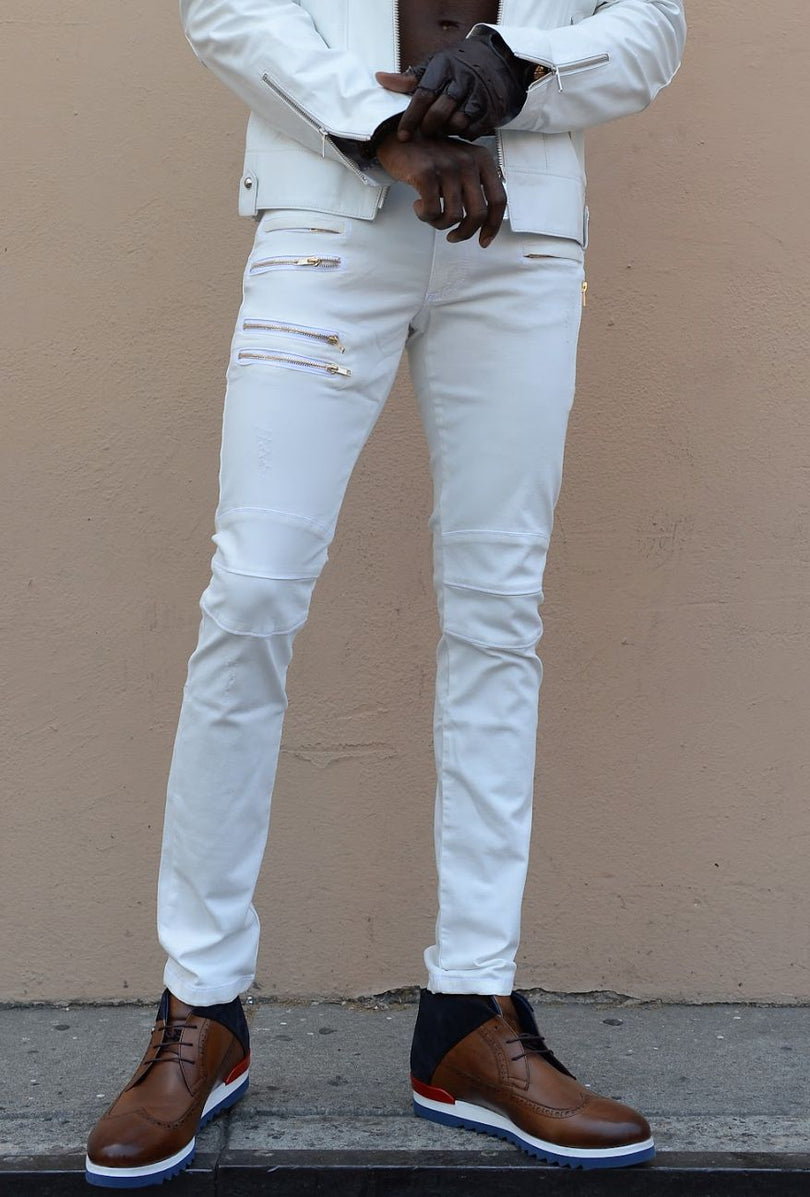 Men's Multi-Zipper Genuine Lambskin Leather Pants - White Gold - Ron Tomson Los Angeles