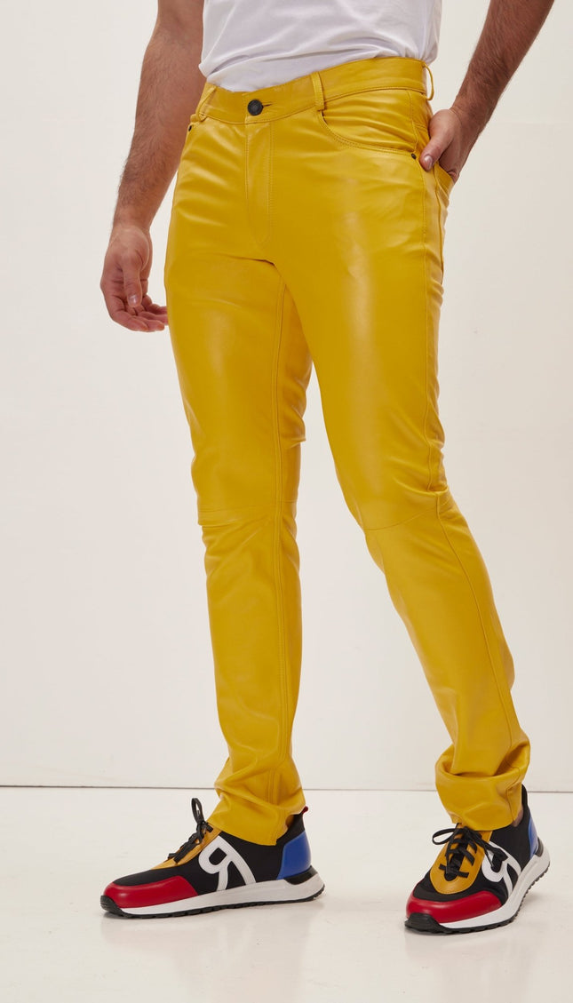 Genuine Lambskin Leather Pants - Yellow - Ron Tomson