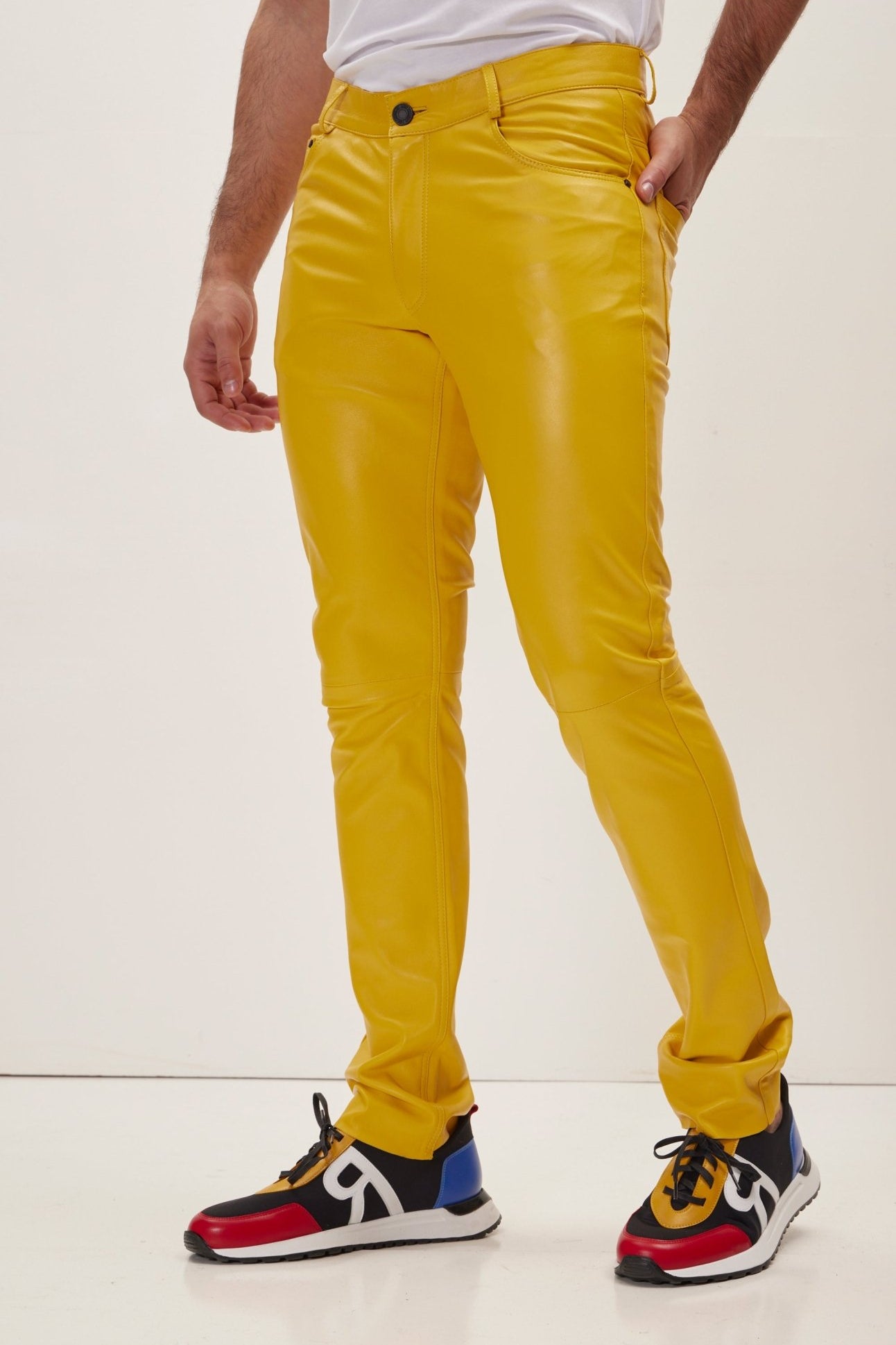 Genuine Lambskin Leather Pants - Yellow - Ron Tomson