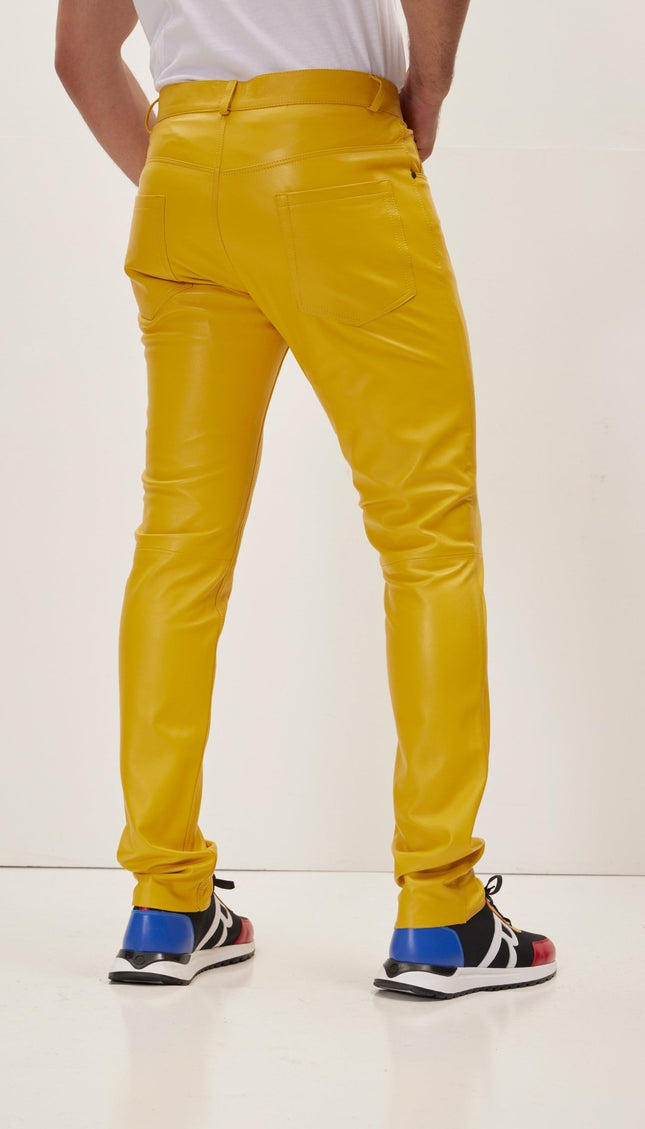 Genuine Lambskin Leather Pants - Yellow - Ron Tomson
