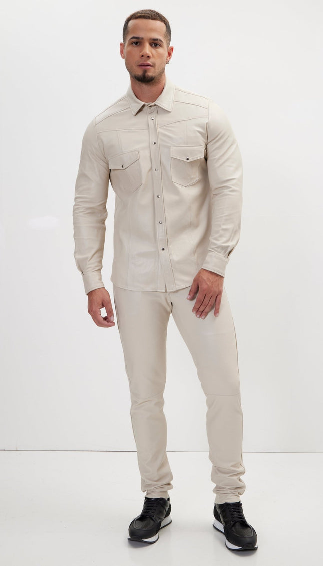 Genuine Lambskin Leather Shirt - Beige - Ron Tomson