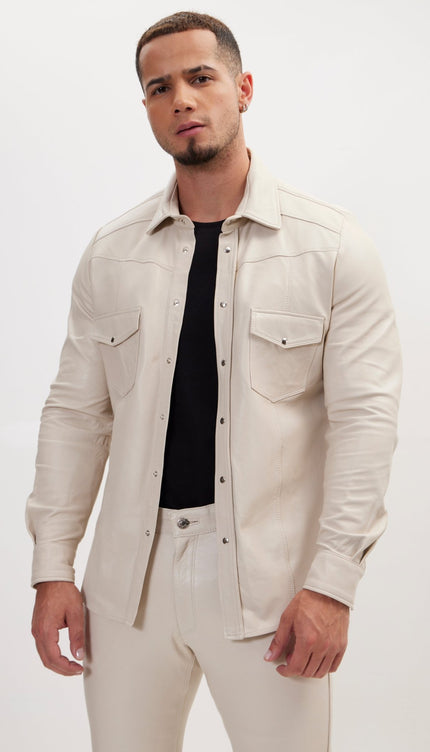 Genuine Lambskin Leather Shirt - Beige - Ron Tomson