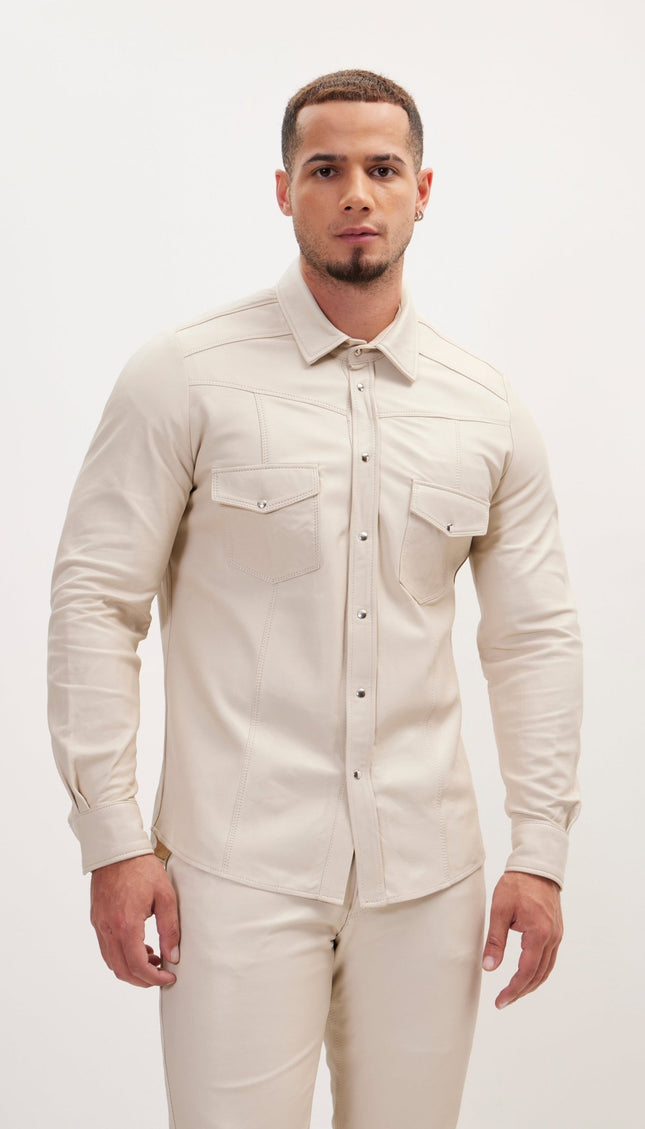 Genuine Lambskin Leather Shirt - Beige - Ron Tomson