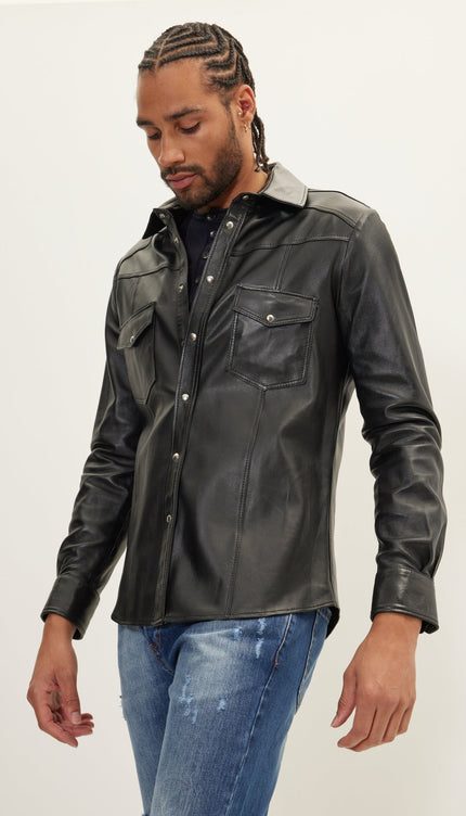Genuine Lambskin Leather Shirt - Black - Ron Tomson