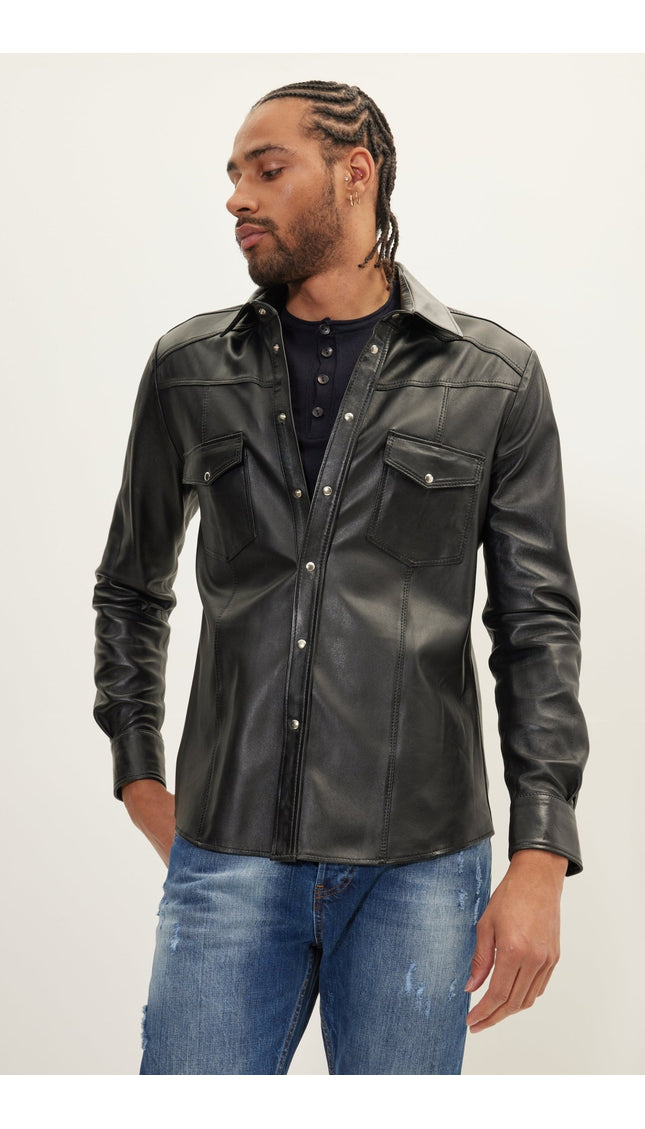 Genuine Lambskin Leather Shirt - Black - Ron Tomson