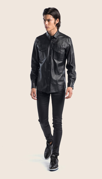 Genuine Lambskin Leather Shirt - Black - Ron Tomson