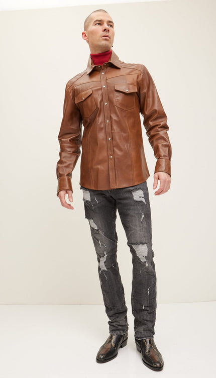Genuine Lambskin Leather Shirt - Brown - Ron Tomson