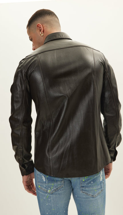 Genuine Lambskin Leather Shirt - Dark Brown - Ron Tomson