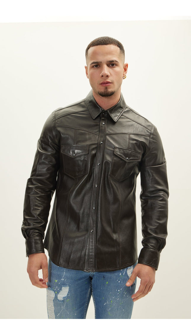 Genuine Lambskin Leather Shirt - Dark Brown - Ron Tomson