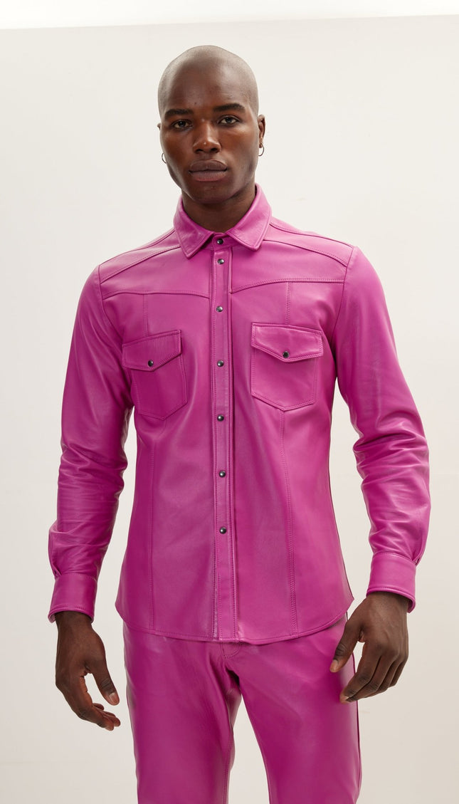 Genuine Lambskin Leather Shirt - Fuchsia - Ron Tomson