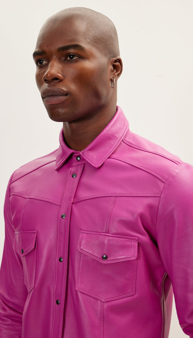 Genuine Lambskin Leather Shirt - Fuchsia - Ron Tomson