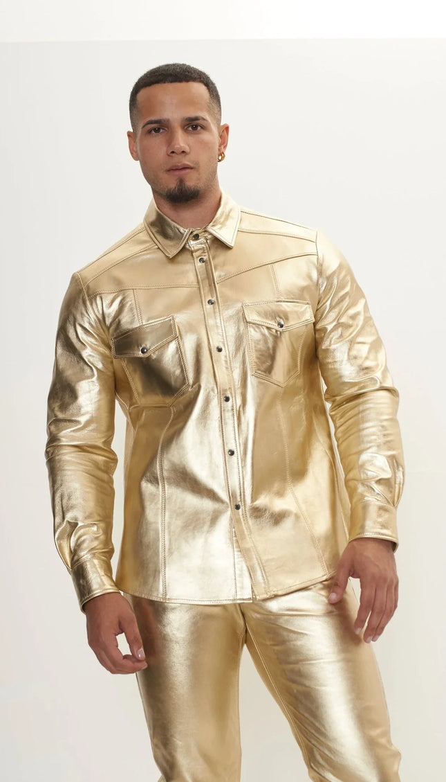 Genuine Lambskin Leather Shirt - Gold - Ron Tomson