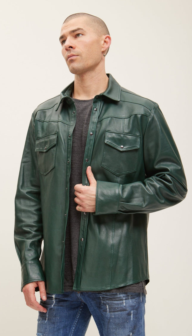Genuine Lambskin Leather Shirt - Green - Ron Tomson