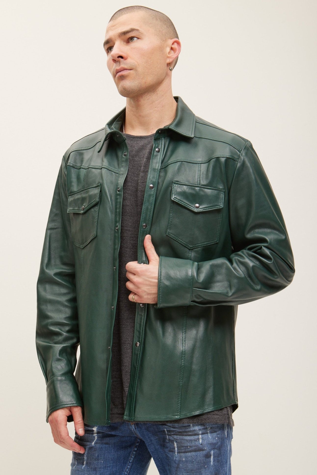 Genuine Lambskin Leather Shirt - Green - Ron Tomson