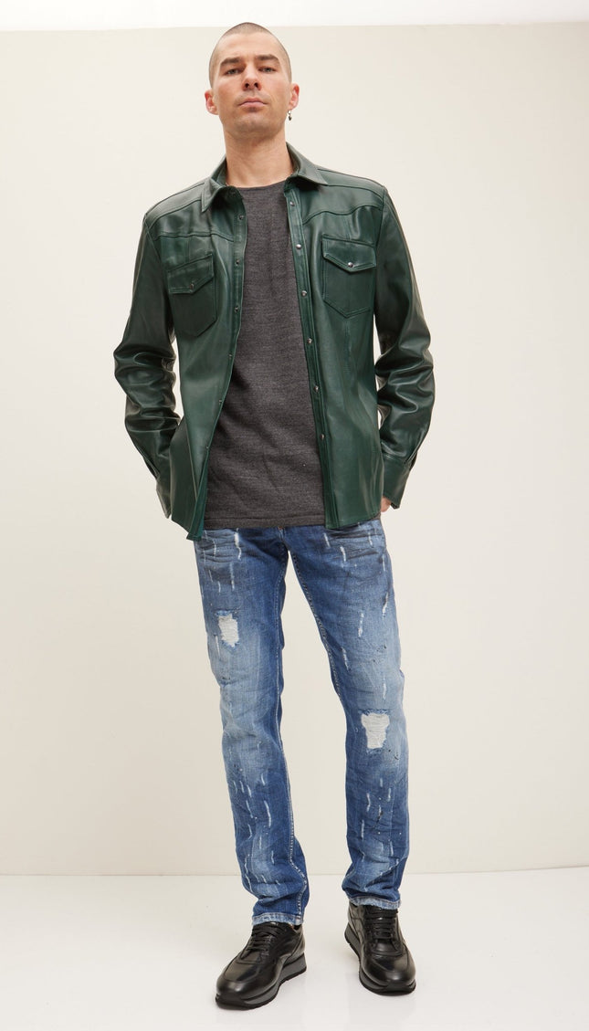 Genuine Lambskin Leather Shirt - Green - Ron Tomson