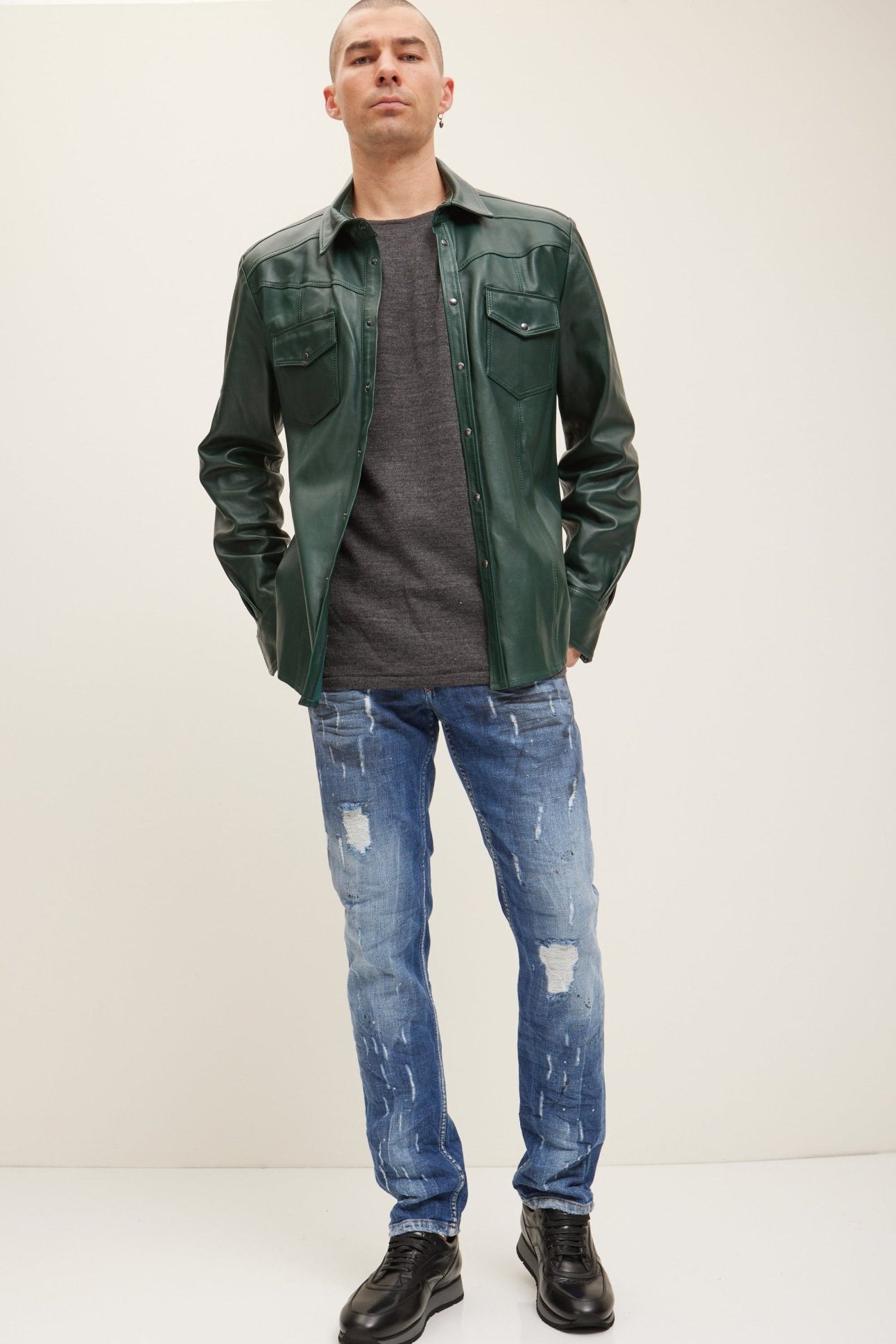 Genuine Lambskin Leather Shirt - Green - Ron Tomson