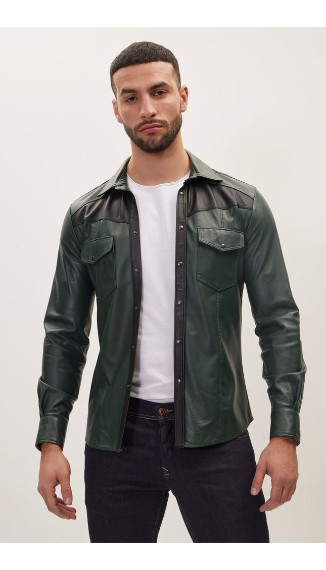 Genuine Lambskin Leather Shirt -Green Black - Ron Tomson