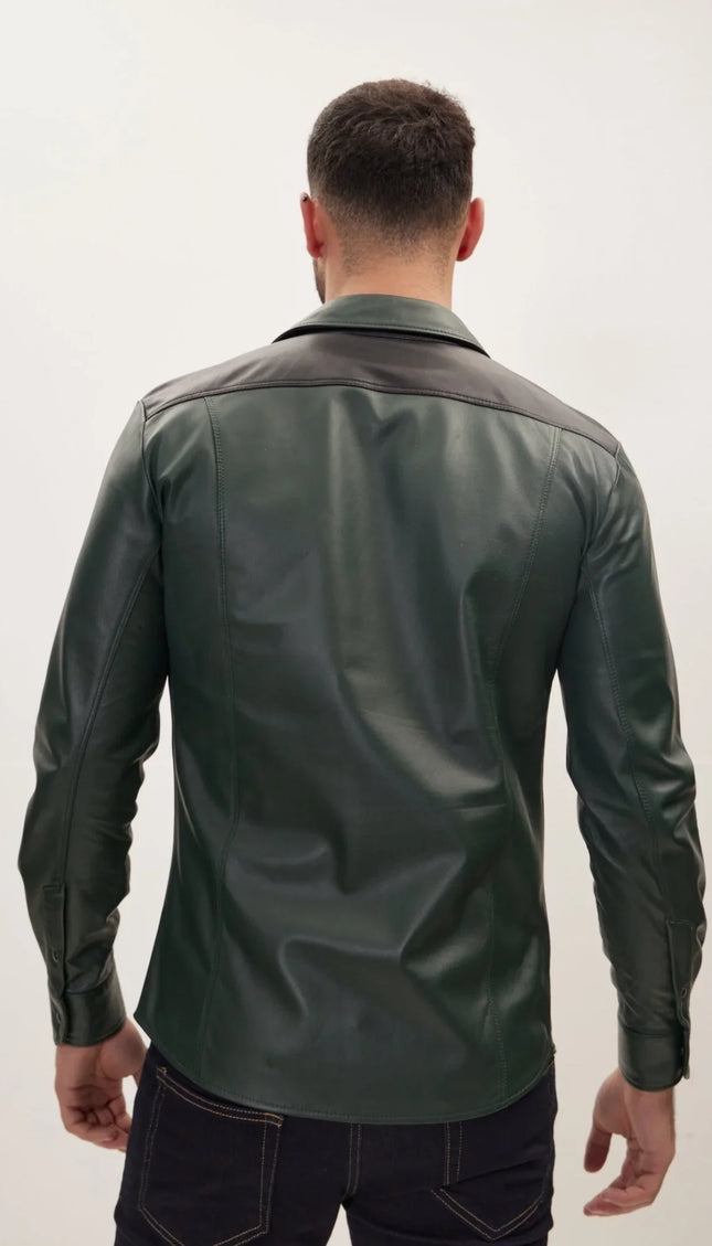 Genuine Lambskin Leather Shirt -Green Black - Ron Tomson