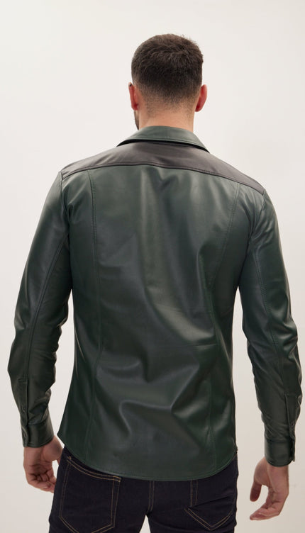 Genuine Lambskin Leather Shirt -Green Black - Ron Tomson