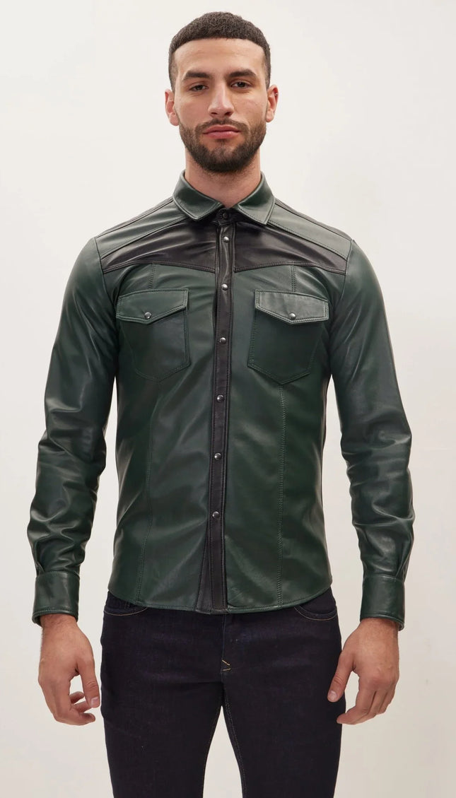 Genuine Lambskin Leather Shirt -Green Black - Ron Tomson