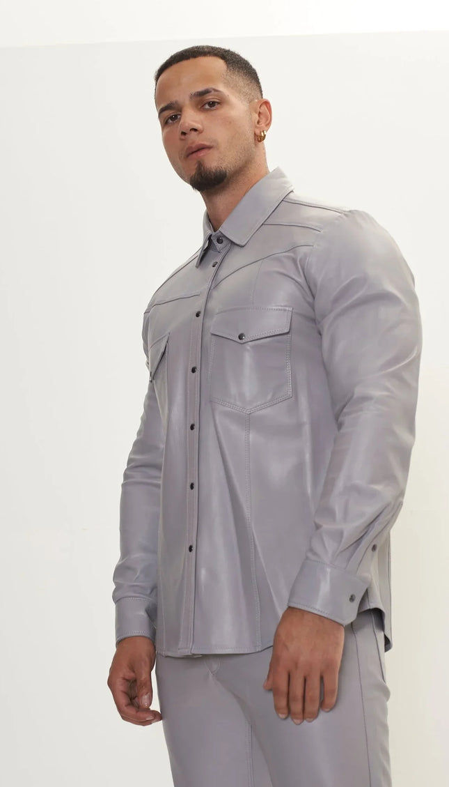 Genuine Lambskin Leather Shirt - Grey - Ron Tomson