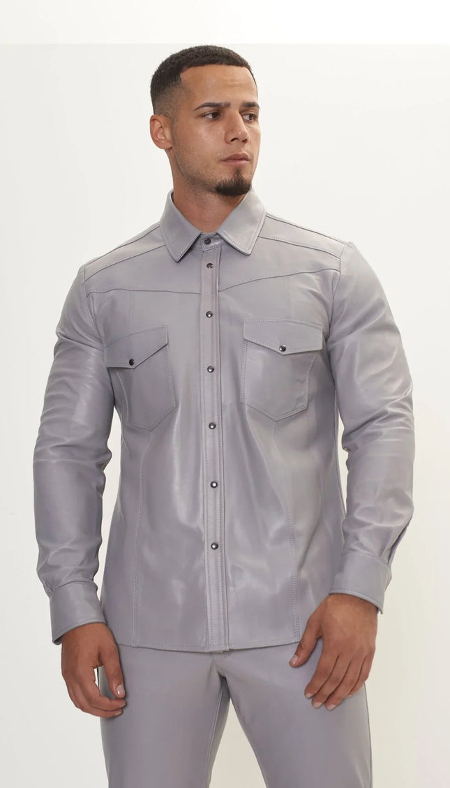 Genuine Lambskin Leather Shirt - Grey - Ron Tomson