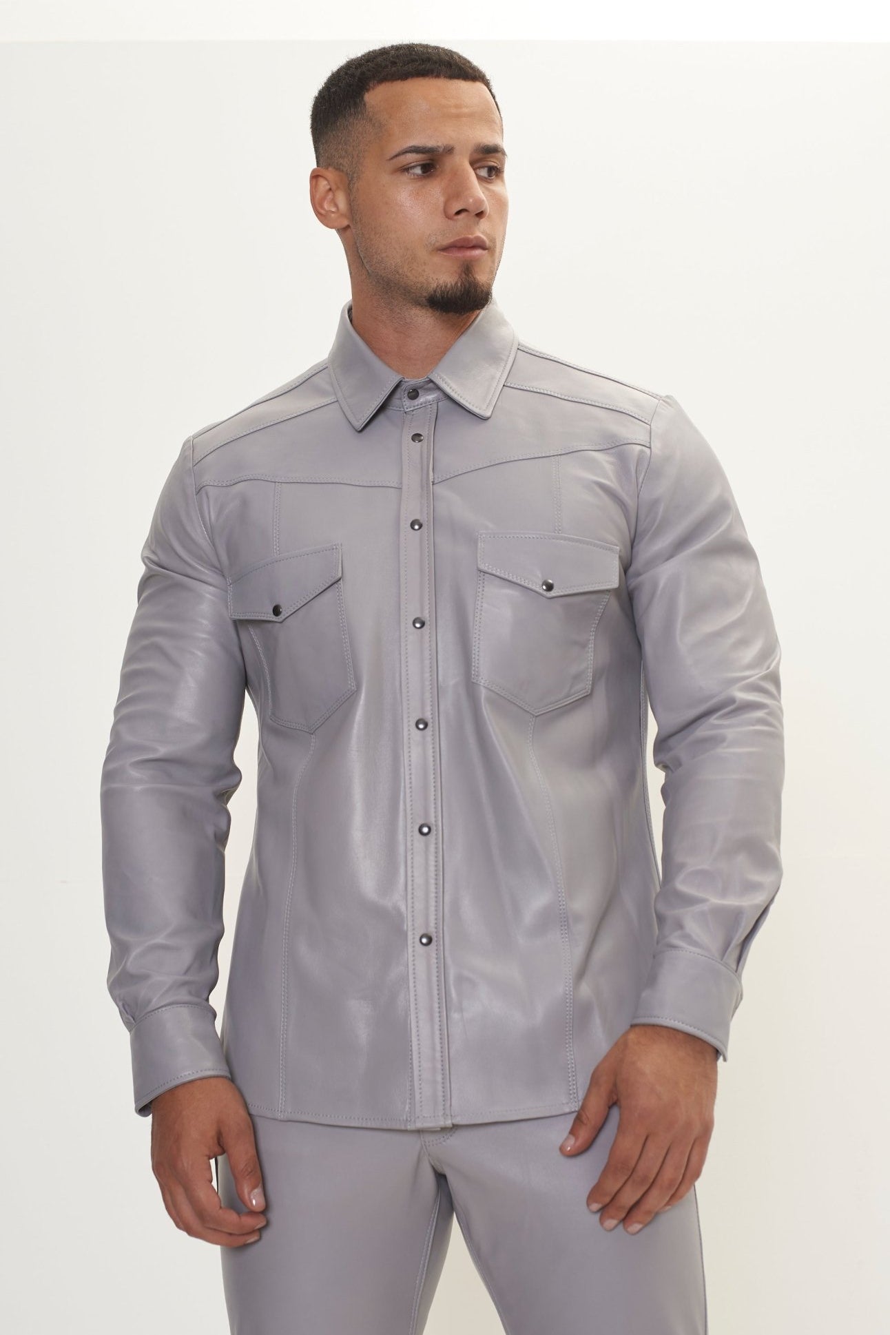Genuine Lambskin Leather Shirt - Grey - Ron Tomson