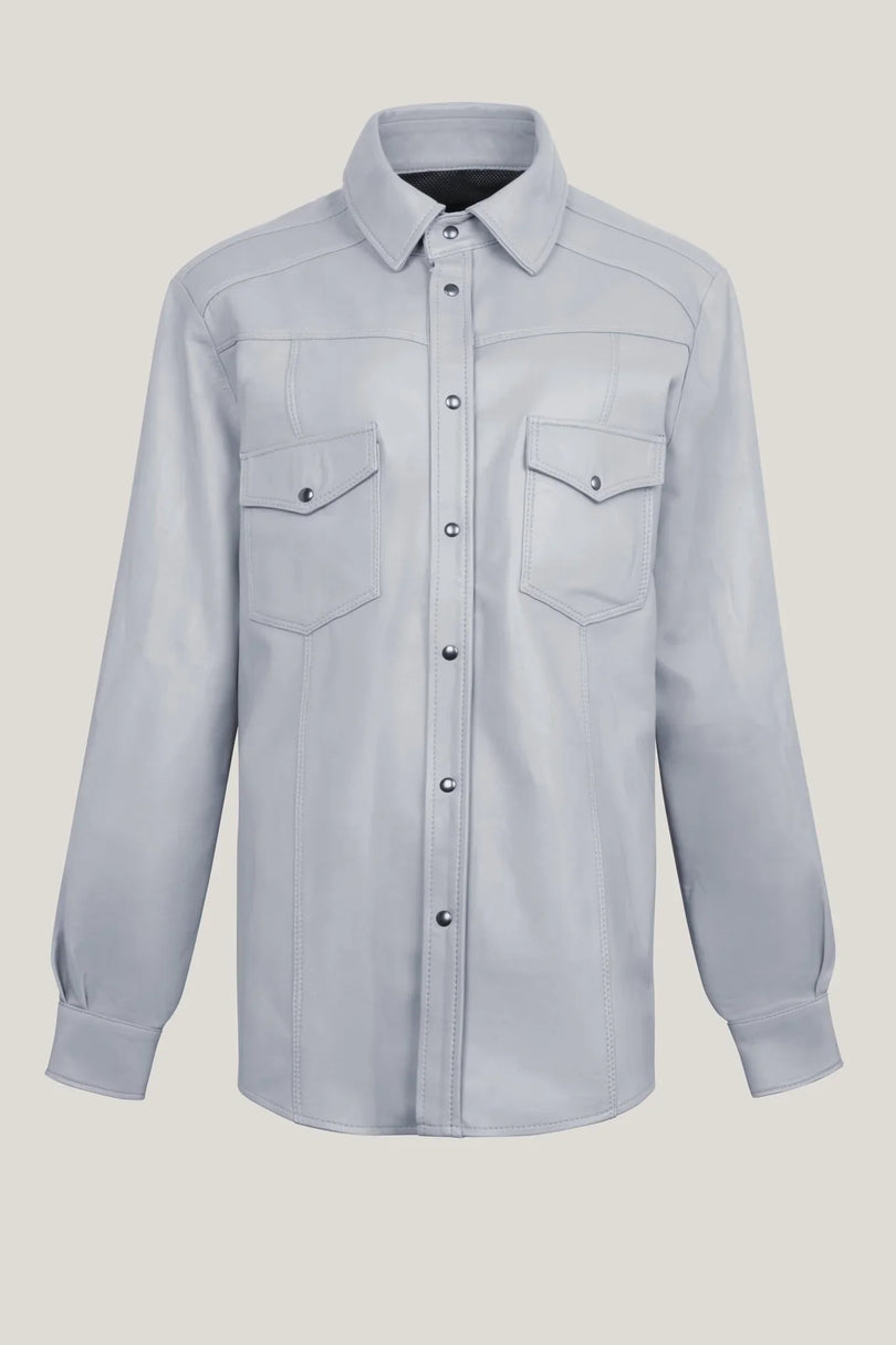 Men's Genuine Lambskin Leather Shirt - Grey - Ron Tomson Leather