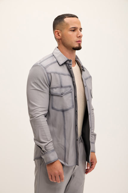 Men's Genuine Lambskin Leather Shirt - Grey Tint - Ron Tomson Leather