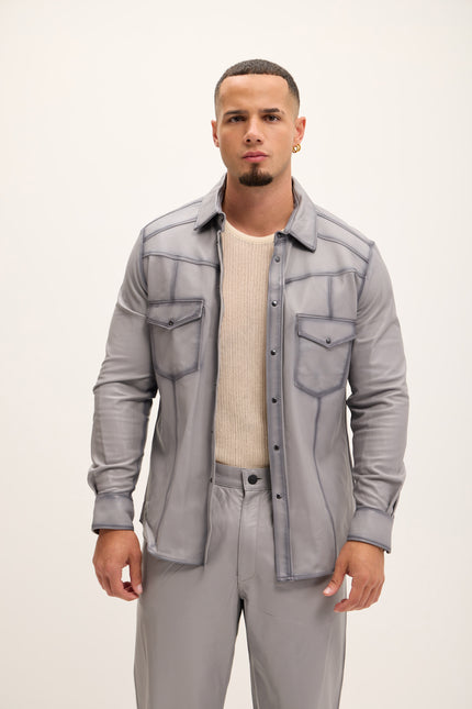 Men's Genuine Lambskin Leather Shirt - Grey Tint - Ron Tomson Leather