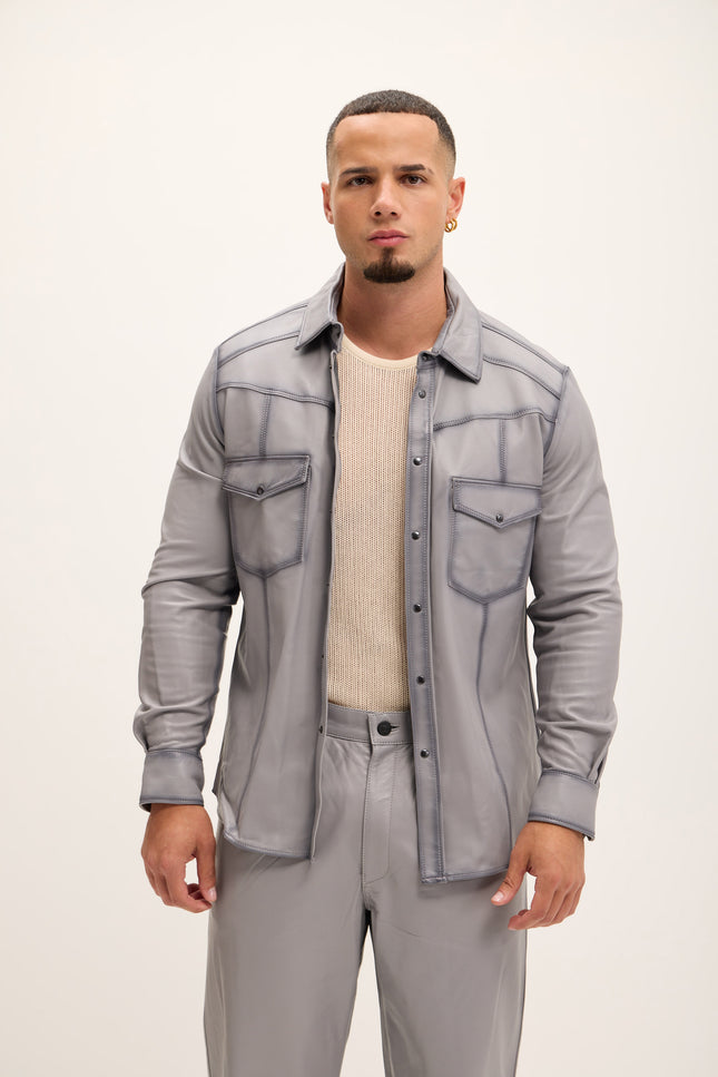 Men's Genuine Lambskin Leather Shirt - Grey Tint - Ron Tomson Leather